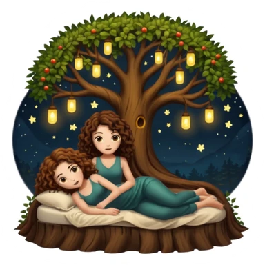 hollow tree bed — long wavy brown hair tattooed woman and short tight curly brown hair woman — firefly night lights sticker
