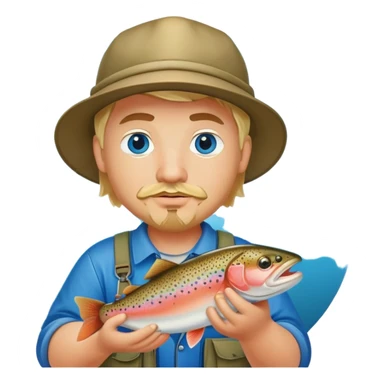 Pêcheur blond avec bouc  grassouillet yeux bleus et présentant truite sticker