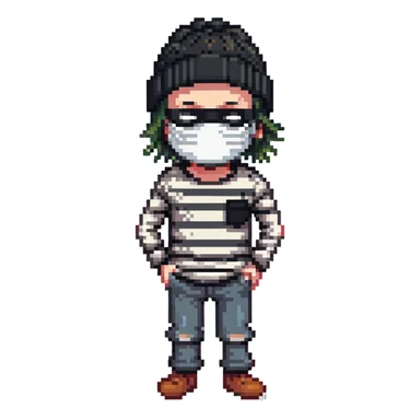 character with black and white striped shirt, black beanie, black mask over eyes sticker