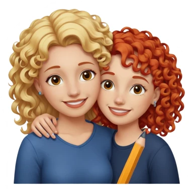 A woman with pencil straight, blonde hair and a nose piercing and a woman with curly red hair and a nose piercing are hugging and smiling together. sticker