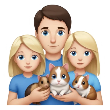 Family portrait with father with dark brown hair and blue eyes, mother with light brown hair and blue eyes, three blonde little girls with blue eyes, plus a cat and two guinea pigs sticker