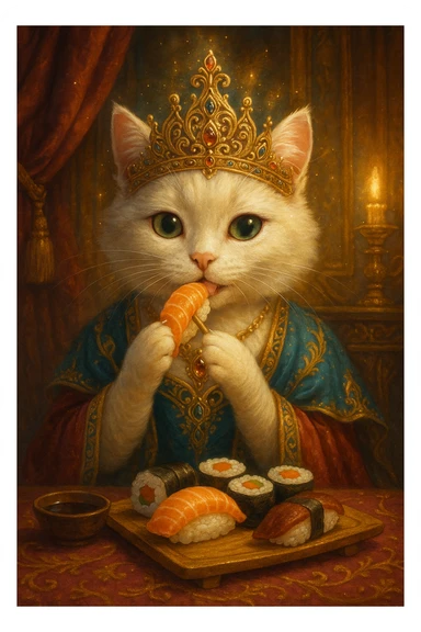 princess cat eating sushi, fantasy style, ornate crown, magical glow, luxurious setting sticker