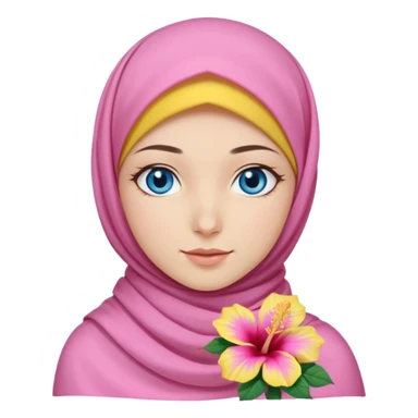 Turkish beautiful finish Konya girl blue eyes with pink yellow summer hijab islamic dress and had on her hijab hibiscus flower sticker