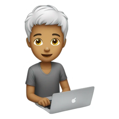 boy using a macbook, wearing a t-shirt whit  sticker