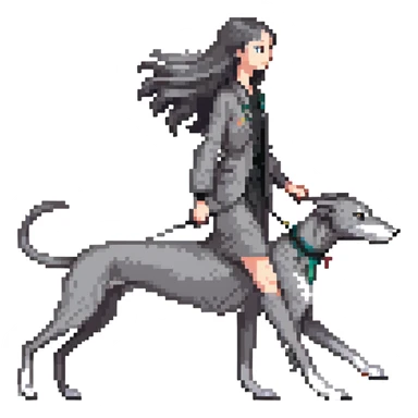 Japanese girl with flowing hair walking a solid grey greyhound with no white markings sticker