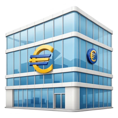 a white bank building with a large euro logo on it sticker