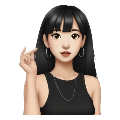 Korean girl, black tank top, black hair, black eyes, layered hair, cool girl, aesthetic, long hair, hime cut, blunt bangs, small silver hoop earrings sticker