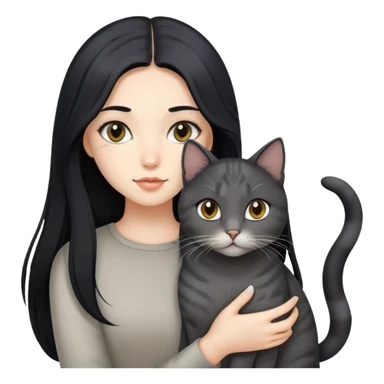 Beautiful girl with long black hair holding a gray and blonde mixed cat sticker