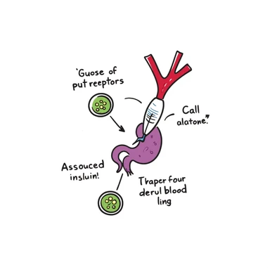 Anatomical diagram of anti-diabetic mechanism: purple pancreas releasing blue insulin molecules, red blood vessels with yellow glucose particles, green cell receptors accepting insulin. Hand-drawn illustration showing glucose regulation with arrows indicating reduced blood sugar levels. sticker