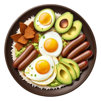 Bandeja Paisa Cinematic Realistic Bandeja Paisa Dish Emoji, depicted as a hearty platter featuring rice, beans, avocado slices, one sausage, a perfectly cooked egg, and crispy pork crackle, rendered with vivid textures and robust, inviting lighting. sticker