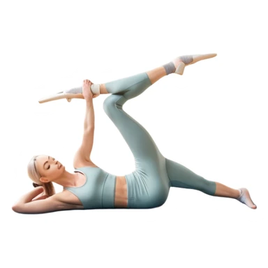 A person performing a Pilates exercise on a mat in a clean, modern studio. The focus is on core strength and flexibility, with a neutral, calming color palette. Simple equipment like a reformer machine and a soft, tranquil background enhance the feeling of controlled movement and focus. sticker