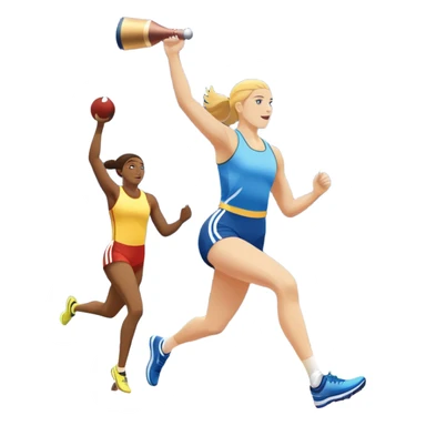 An icon featuring a collage of track and field equipment: a javelin, shot put, discus, high jump bar, and running shoes. The background shows a lively stadium with cheering fans, bright lights, and a clear sky, symbolizing the diversity of athletics. Transparent background emphasizes the sport. sticker