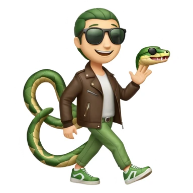 friendly anthropomorphised snake in sunglasses, jacket and sneakers, walking with a smile sticker