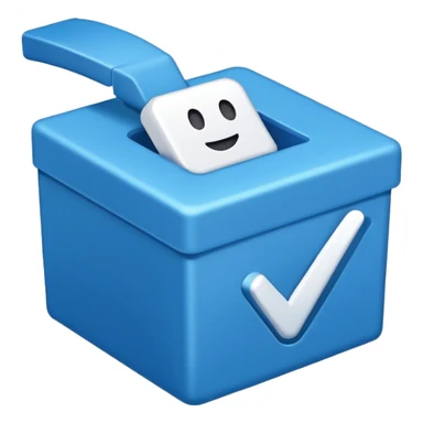 A blue box  and a white tick 0d sticker