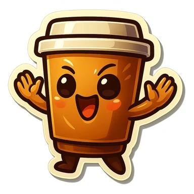 Tall coffee cup, dramatic, laughing, hands up in defense sticker