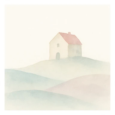 a house on a hill, watercolor style, soft edges, gentle colors, dreamy landscape sticker