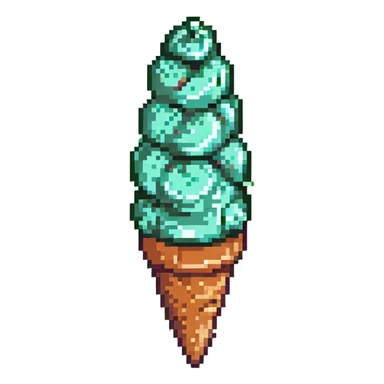 mint ice cream cone with rounded cone, light green ice cream scoop, mint details, pixel art style sticker