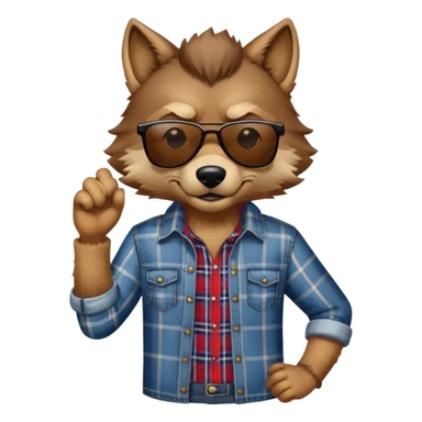 head and shoulders friendly brown-furred anthropomorphised wolf in plaid shirt and jeans, wearing dark sunglasses, upright pose sticker