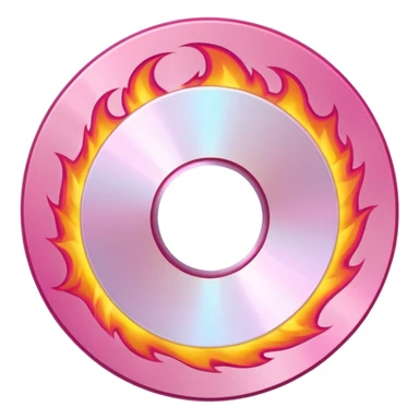 A minimalist CD disc with a subtle fire design, pink and white flames, with a circle in the middle and a hole in the center sticker