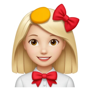 ["Fair skin female, straight blonde hair, small red bow clip."] sticker