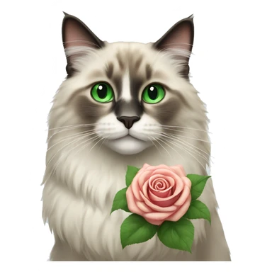 Ragdoll cat with green eyes, holding rose sticker