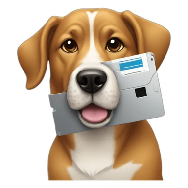 dog holding up a floppy disk sticker