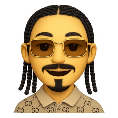 emoji of a smiley with a thin face, slightly lighter skin tone, beard only on the chin (no hair under the lower lip), mustache only above the upper lip, very detailed black braided hair, rectangular golden sunglasses, beige top with GG pattern and visible collar, transparent background, faithful details to reference photos sticker