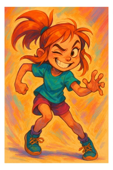 mischievous girl, grinning, one eyebrow raised, dynamic pose, colorful, digital art sticker