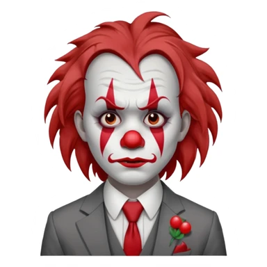 No wig, but long messy brown hair.

White face paint with red clown makeup and a red nose.

Wearing a gray suit with a tie.

Expression is sad and serious, resembling a clown with a more human-like look. sticker