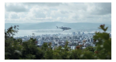A cinemaatic still of a city, blurred plants in the foreground, huge whales fly above city sky, rolling hills in the background, cinematic depth of field, layered composition, natural lighting sticker