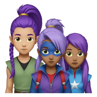 Solo poly platonic relationship, one African girl, one Asian boy, one biracial features Asian tomboy girl rat-tail hair long and upper masculine hair 90s, vampire and marvel cosplay elements inspired  use marvel race, like instead of obvious human, green purple blue etc,  sticker