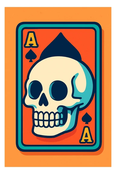 white skull and ace of spades, vibrant cartoon style sticker