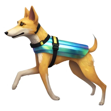  brindle brown black maroon striped lurcher Alsatian fox running blue eyes and iridescent holographic oilslick harness wearing paper iridescent tropical flower crown yellow caution tape sticker