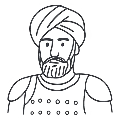 indian man with turban and body armor, hand drawn black outline sticker