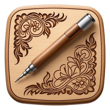 Pyrography icon, large wooden surface with detailed burn marks, intricate patterns etched into wood using a soldering iron, no flames or smoke, minimalistic style, clean lines, transparent background. sticker