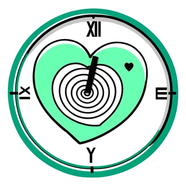 Minimalist Maya-style heart and time spiral symbols for messages, white and deep green only, flat design with clean lines sticker