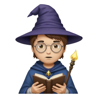 ["A sad boy with light skin, straight hair, wearing a wizard hat and round glasses, dressed in punk fashion, is reading a book while holding a phone."] sticker