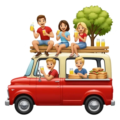 People having a picnic in the back of a red pick up truck sticker