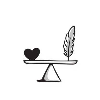A simple scale balancing a feather and a heart, representing emotional balance and lightness. Hand-drawn doodle style. sticker