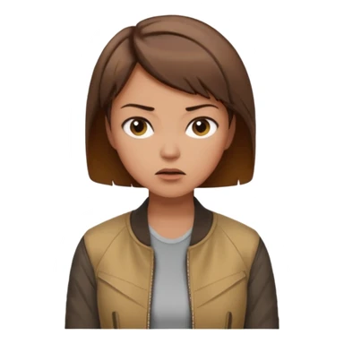 a woman with a brown short hair, looking at the left, frustrated, wearing a trendy jacket, only upper body, high quality sticker