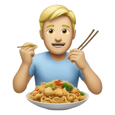 Blonde man eating Chinese food sticker