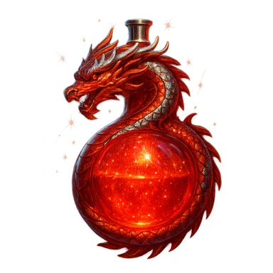 dragon-shaped luxurious elixir bottle, all vibrant red, iridescent and silver details, very small neck, seamless bottom, transparent background, floating, no base or shadow, modern, matching a collection, extra intense magical glowing and sparkling effects sticker
