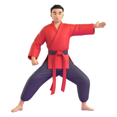 Martial artist in dynamic kung fu pose, wearing traditional loose outfit with sash sticker