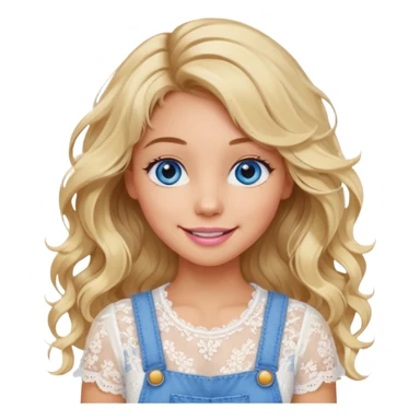create an emoji of a young woman. She has a gentle look, with long blonde messy but wavy hair, blue eyes, tanned skin, natural soft pink lips. she wears a very white lacy top with an overall sticker