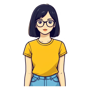 A fair girl with black straight hairs and transparent glasses and butter yellow T-shirt sticker