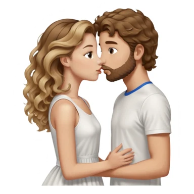 A girl with very long  balayage brown & blond curls kissing a boy with brown hair and a sort beard. She wears a dress white and he wears a wihite sports shirt from nike sticker