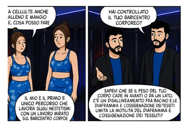 TRASFORMA QUESTO CAROSELLO IN UN FUMETTO CON QUESTE DUE PERSONE IDENTICHE CHE INTERLOQUISCONO TRA LORO:

LEI: Ho la cellulite anche se mi alleno e mangio bene, cosa posso fare?

LUI: Hai controllato il tuo baricentro corporeo?
Sapevi che se il peso del tuo corpo cade in avanti o da un lato, c’è un disallineamento fra bacino e torace, che comprimendo le coste, limita la motilità del diaframma e l’ossigenazione dei tessuti?
Il mio è il primo e unico percorso che lavora sugli inestetismi con un lavoro mirato sul baricentro corporeo. sticker