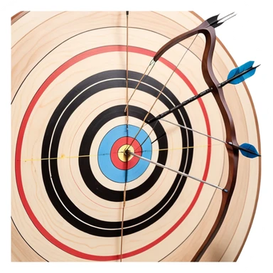 A professional recurve bow with an arrow nocked, ready to be released. The target features concentric rings, placed at a distance. The emphasis is on the bow, arrow, and target, highlighting the precision, focus, and skill involved in competitive archery. sticker