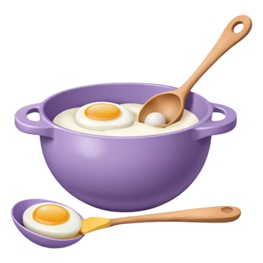 a lilac ceramic mixing bowl with a wooden spoon stirring and sitting next to it is a dozen eggs with the carton lid open sticker