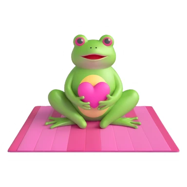 A 3D emoji of a frog meditating on a pink mat with a heart above its head, surrounded by stars, in the style of iOS 18 emojis. sticker